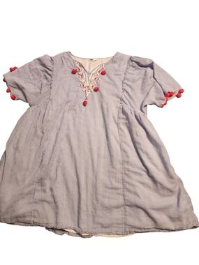 crown & ivy Light Blue Pinstripe Dress with Pink Pom Trim